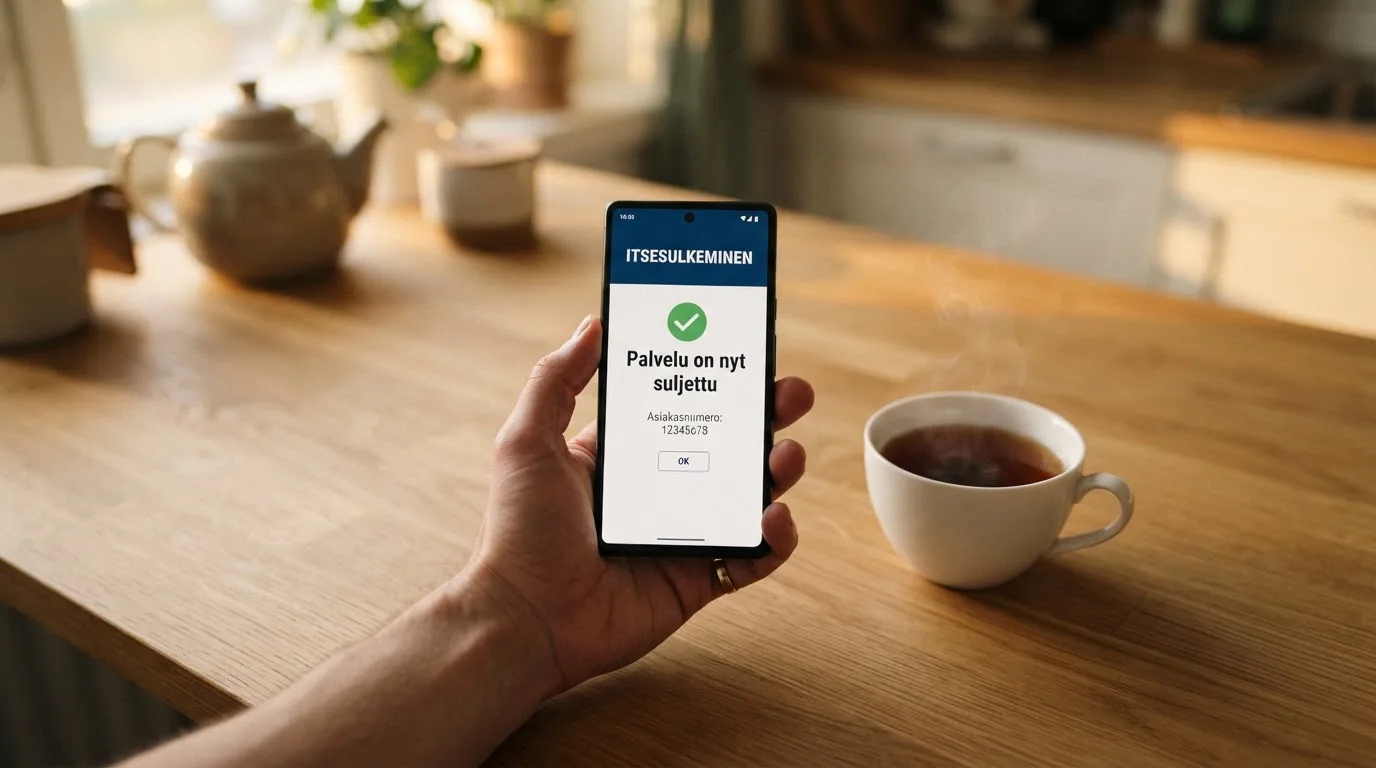Käsi pitää puhelinta teekupin vieressä keittiön pöydän ääressä rauhallisena iltana — kaikki verovapaat nettikasinot