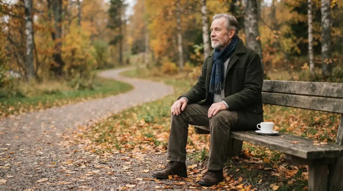 Vanhempi mies istuu puistonpenkillä syksyisessä valossa katsoen kaukaisuuteen, kahvikuppi vierellä.