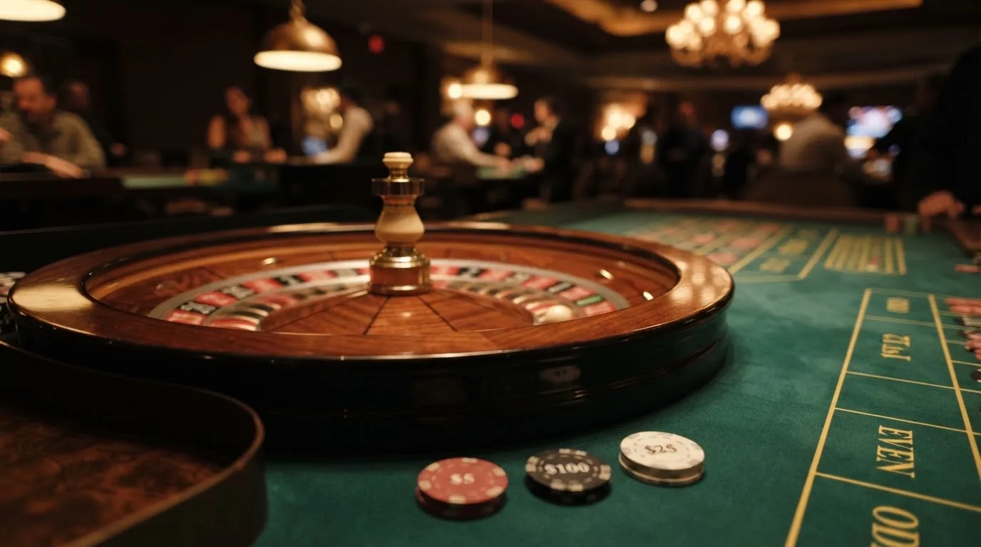 Rulettipyörä ja pelimerkit vihreällä huovalla lämpimässä iltavalossa — kolikkopelit casino pelit