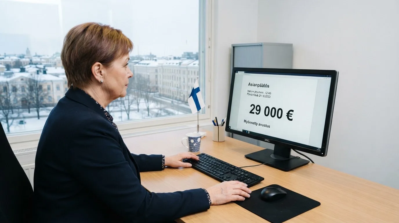 Virkailija istuu vaaleassa virastohuoneessa tietokoneen ääressä, ikkunasta näkyy talvinen kaupunkimaisema.