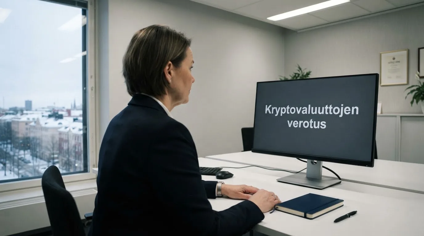 Virkailija istuu vaaleassa virastohuoneessa tietokoneen ääressä, ikkunasta näkyy talvinen kaupunkimaisema.