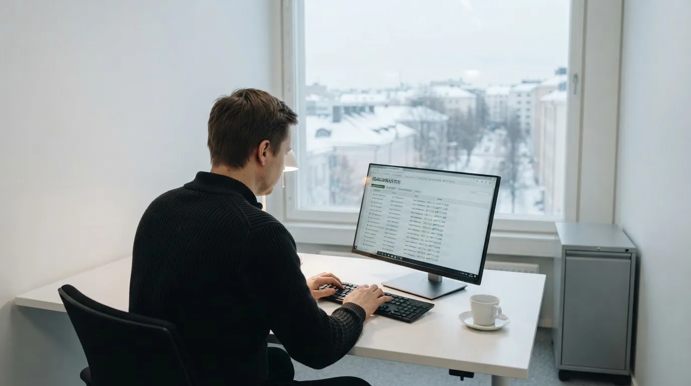 Virkailija istuu vaaleassa virastohuoneessa tietokoneen ääressä, ikkunasta näkyy talvinen kaupunkimaisema.